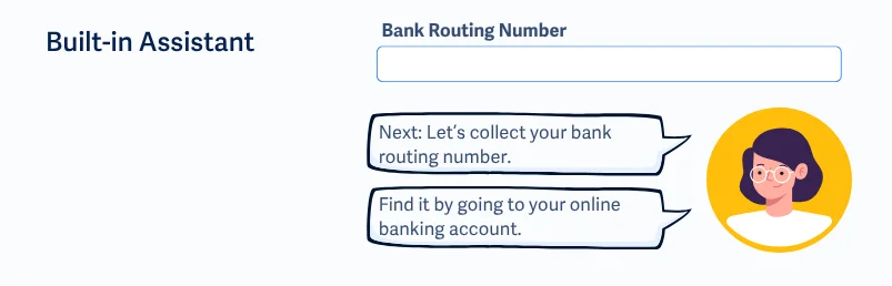 Kolom formulir 'Nomor Routing Bank' dengan karakter asisten yang memberikan panduan langkah demi langkah kepada pengguna.