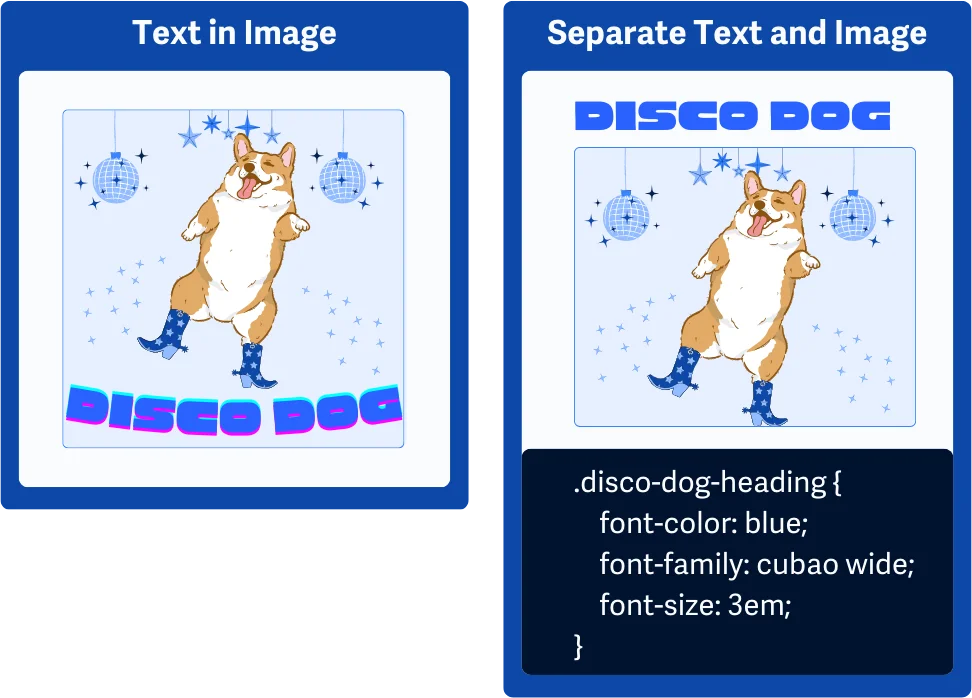 Perbandingan penerapan teks: satu embed ke gambar, satu lagi HTML asli