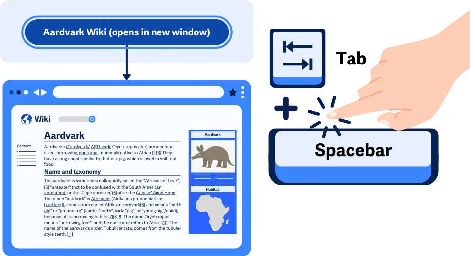 Ilustrasi pengguna menggunakan tombol tab dan tombol spacebar