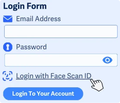 Formulir login dengan input email, password, dan alternatif Face ID