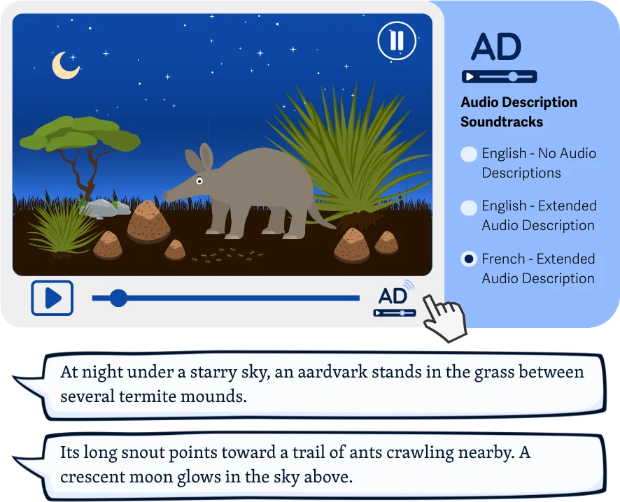 Video player bergambar aardvark dengan penjelasan pada caption