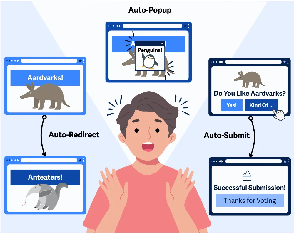 Ilustrasi menunjukkan seorang pengguna yang kebingungan, dikelilingi oleh jendela peramban berupa pop-up otomatis, pengalihan otomatis, dan pengiriman otomatis yang muncul tanpa diduga.