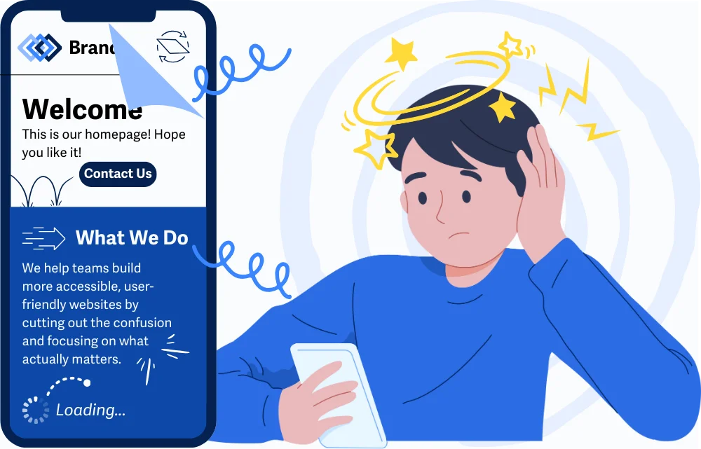 Ilustrasi pengguna yang terlihat pusing sambil memegang ponselnya