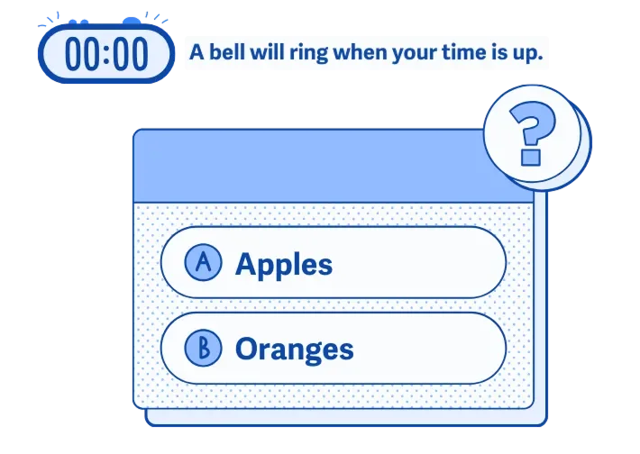 Timer dengan angka 0:00 dan pilihan jawaban Apples dan Oranges