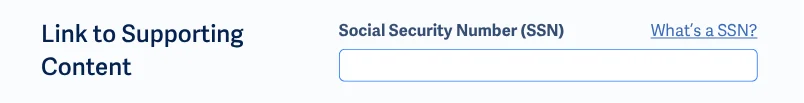Kolom formulir untuk Nomor Jaminan Sosial dengan tautan bantuan berlabel 'Apa itu SSN?'