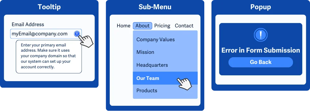 Contoh tooltip, menu dropdown, dan pop-up