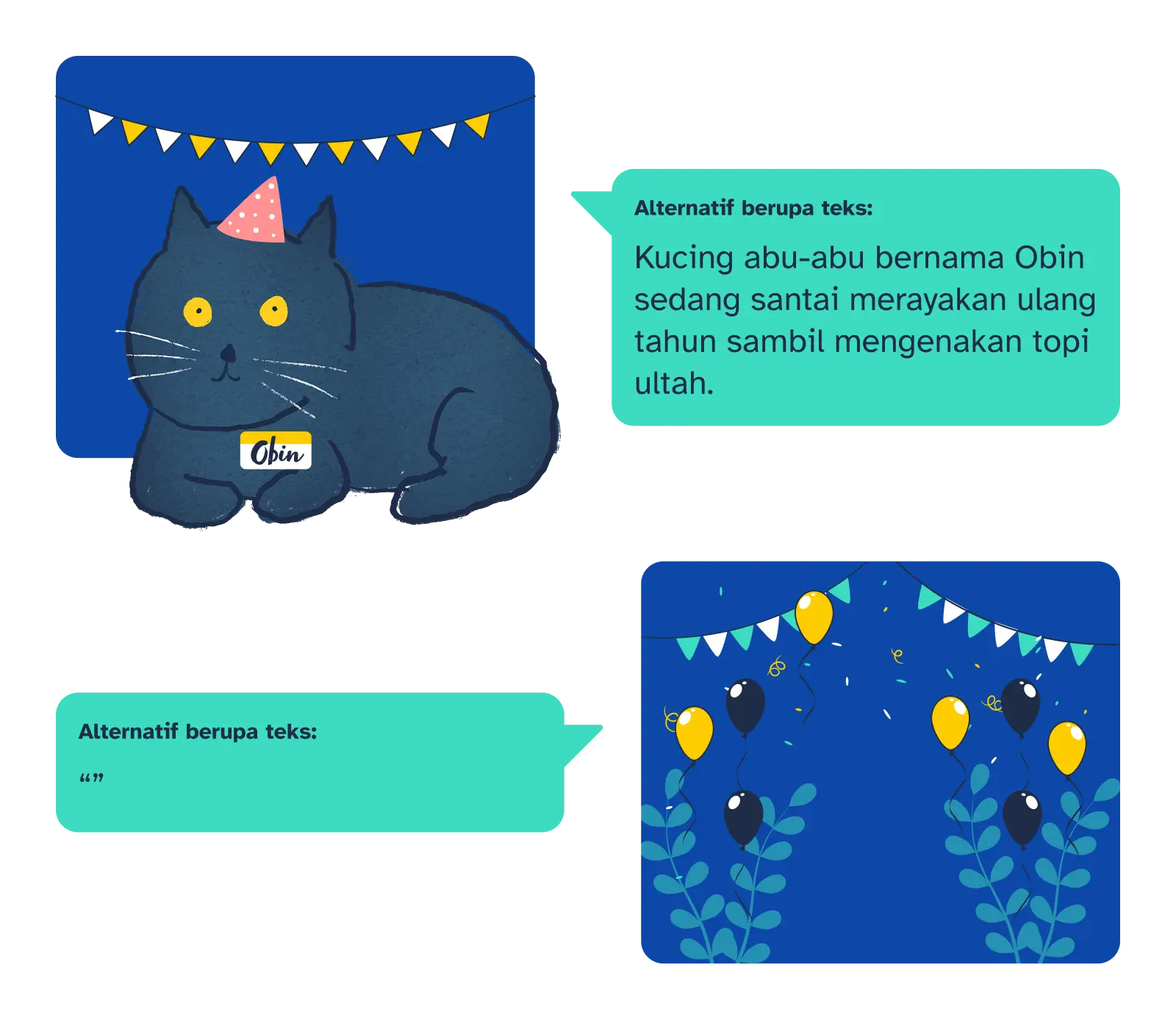 Ilustrasi kucing dan gambar dekoratif bernuansa ultah