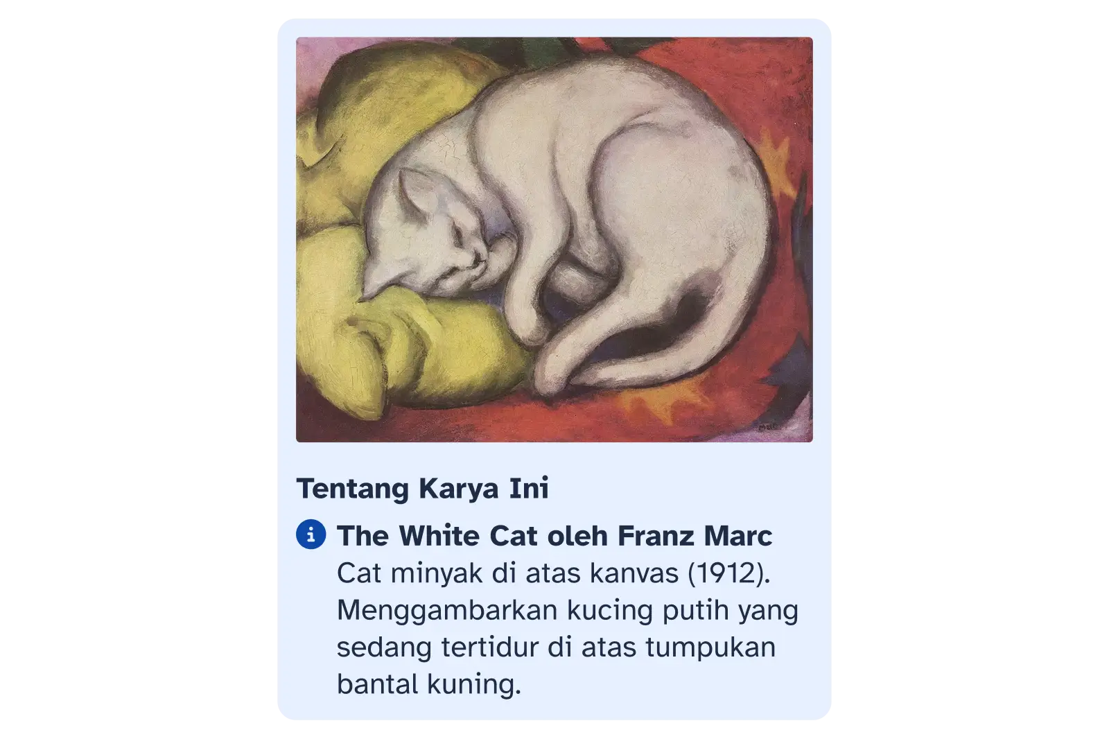 Lukisan The White Cat yang disertai deskripsi singkat mengenai seniman dan karyanya