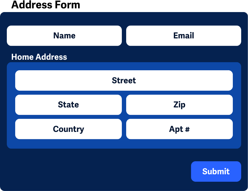 Form dengan input Name, Email, Street, State, Zip, dan Apt number 