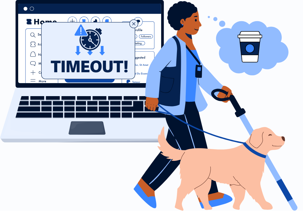 Ilustrasi orang dengna anjing pemandu dan di latarnya ada sebuah laptop