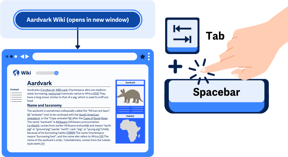 Ilustrasi pengguna menggunakan tombol tab dan tombol spacebar