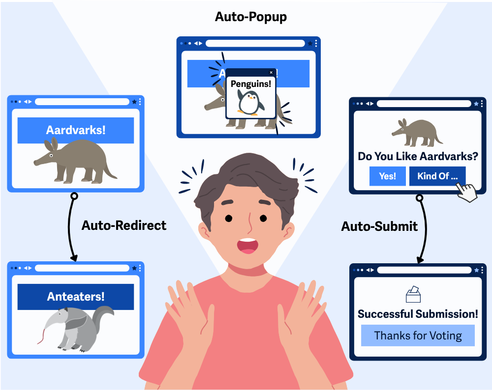 Ilustrasi menunjukkan seorang pengguna yang kebingungan, dikelilingi oleh jendela peramban berupa pop-up otomatis, pengalihan otomatis, dan pengiriman otomatis yang muncul tanpa diduga.
