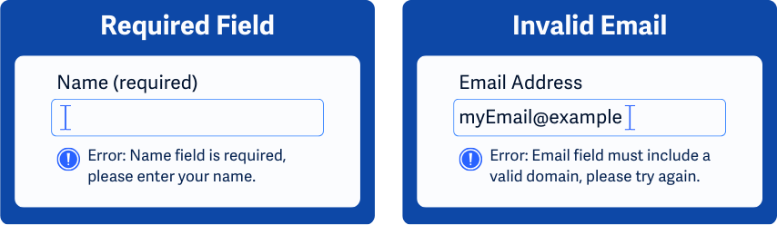 Contoh pesan kesalahan di kolom input nama dan email