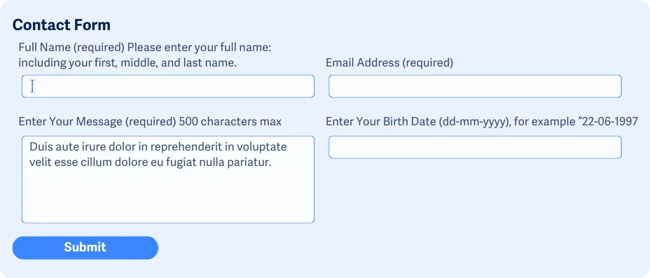 Formulir kontak dengan input nama, email, tanggal lahir, dan pesan